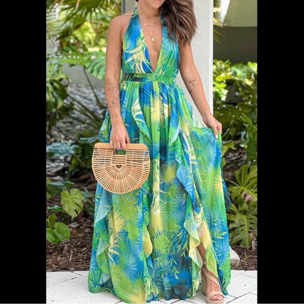 Backless Ruffled Maxi Dress with Slit NWT - Picture 2 of 5